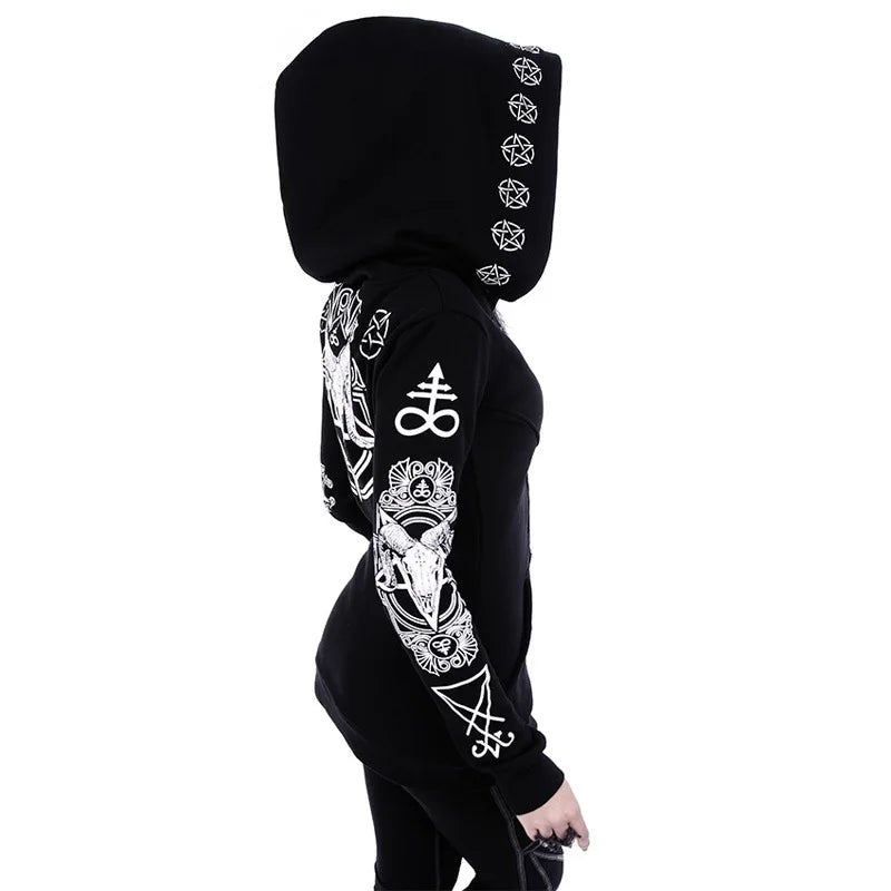 Black Punk Sheep Head Moon Print Hoodie