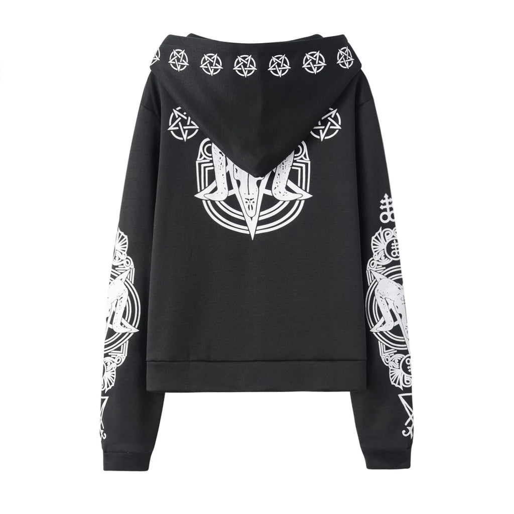 Black Punk Sheep Head Moon Print Hoodie