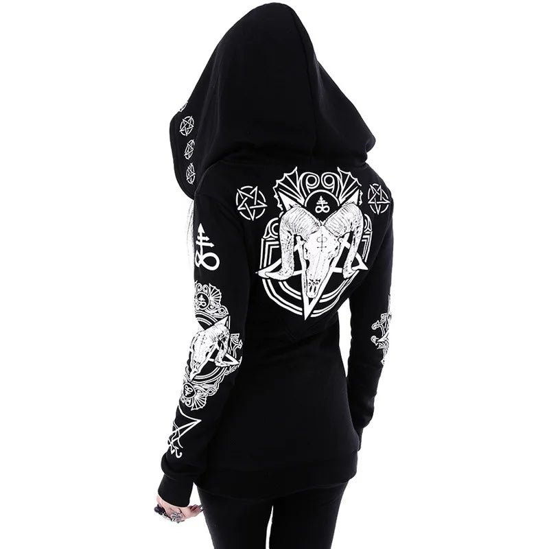 Black Punk Sheep Head Moon Print Hoodie