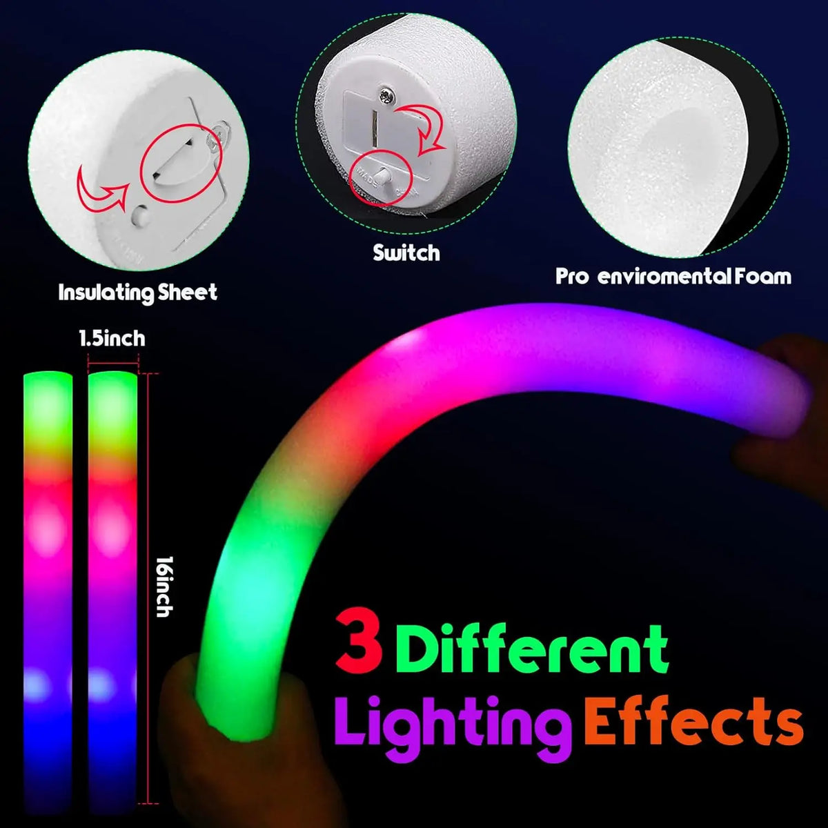30Pcs Foam Glow Sticks with 3 Modes